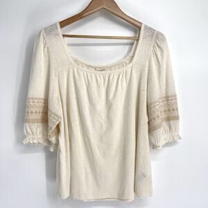 Lucky Brand Top Womens XL Embroidered Shirt Square Neck Boho Western Cottagecore